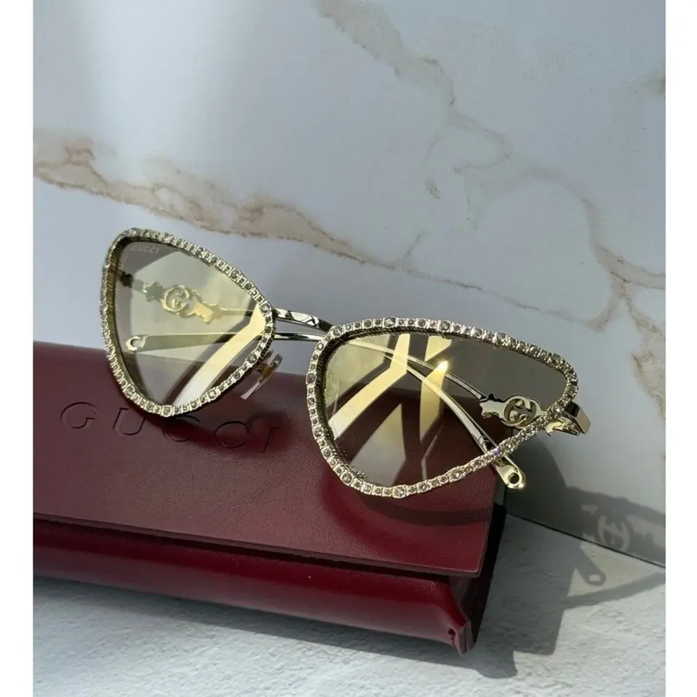 NEW Gucci GG1569S Gold Cat Eye Crystal Sunglasses $1300